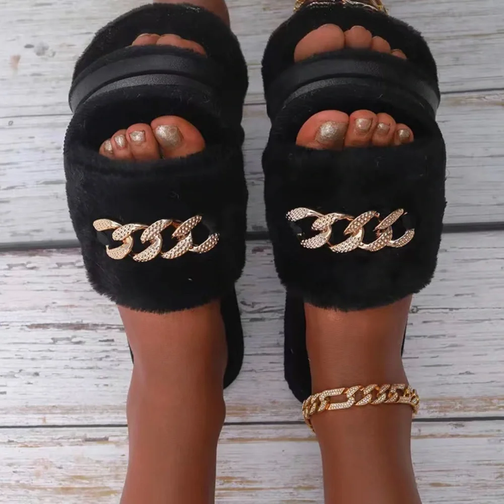 White Flat Fuzzy Slippers Sandals With Gold Chain Decor - Picture 5 of 5